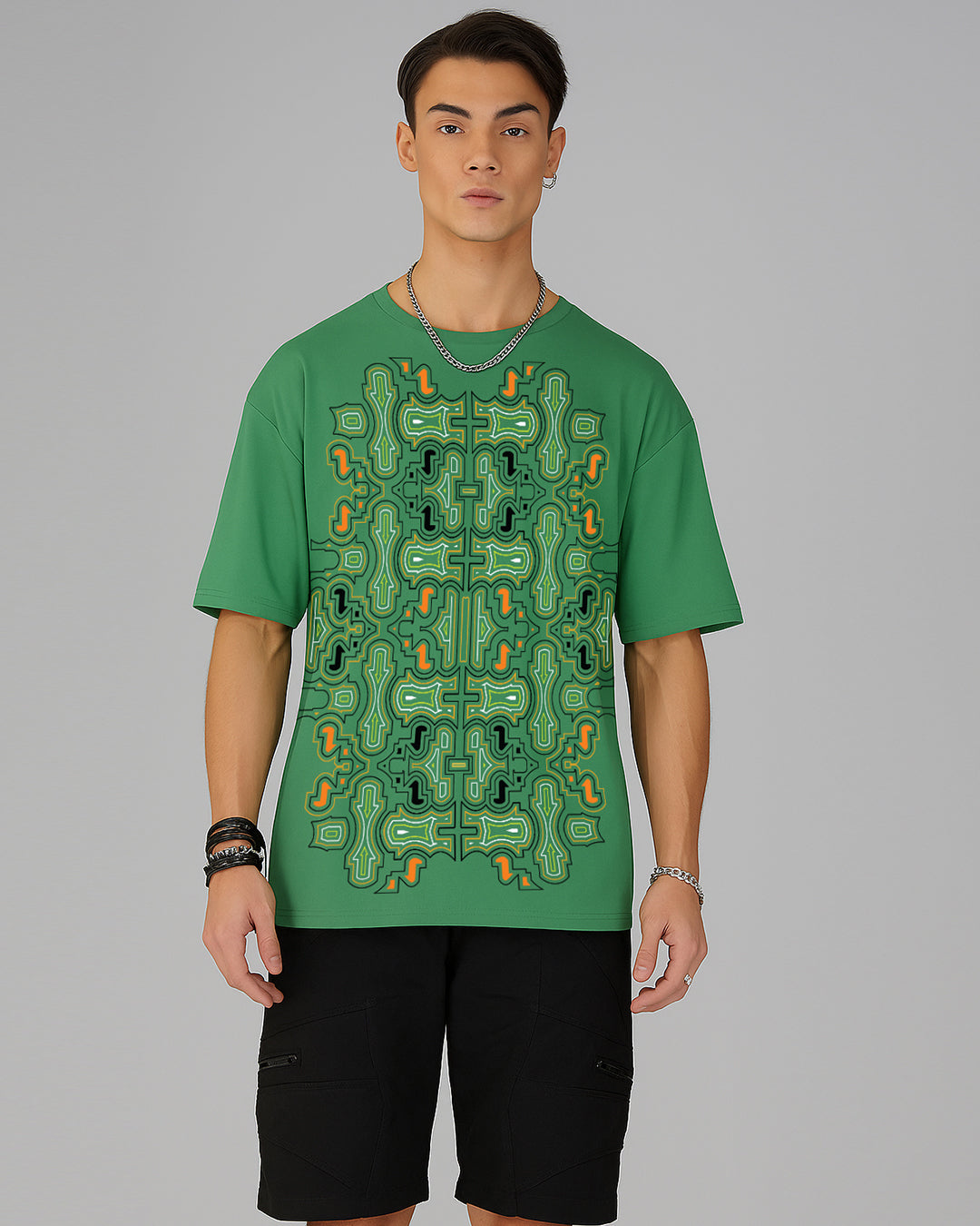 Shipibo Pattern | UV Light Reactive | Oversized Sea Green T-Shirt