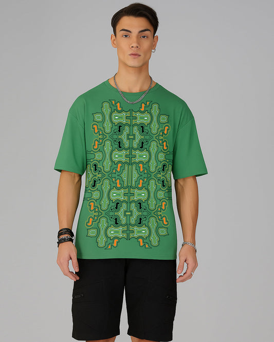 Shipibo Pattern | UV Light Reactive | Oversized Sea Green T-Shirt